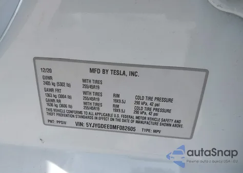 2021 Tesla Model Y Long Range Dual Motor All-Wheel Drive z USA, uszkodzony, nr VIN 5YJYGDEE0MF082605